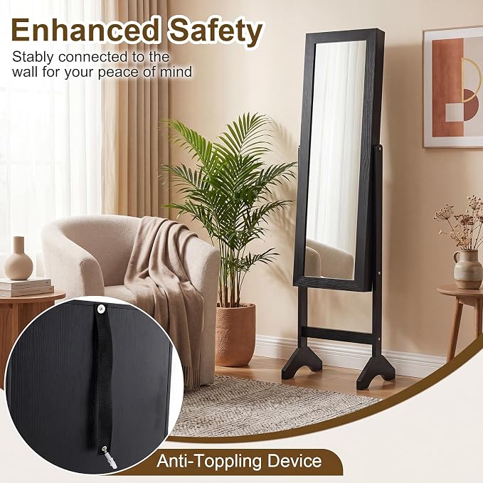 Giantex Jewelry Armoire with Full Length Mirror, Freestanding Jewelry Organizer Cabinet with Ring Slots, Earring Holders, Necklace Hooks & Storage Shelves for Bedroom (Black)