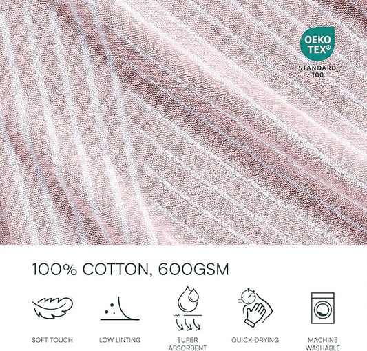 Lacoste Guethary Striped 6PC Towel Set – 100% Cotton, Reversible Design, Durable & Lightweight, Machine Washable – Light Pink, 2 Bath Towels (30"x54"), 2 Hand Towels (16"x30"), 2 Washcloths (13"x13")