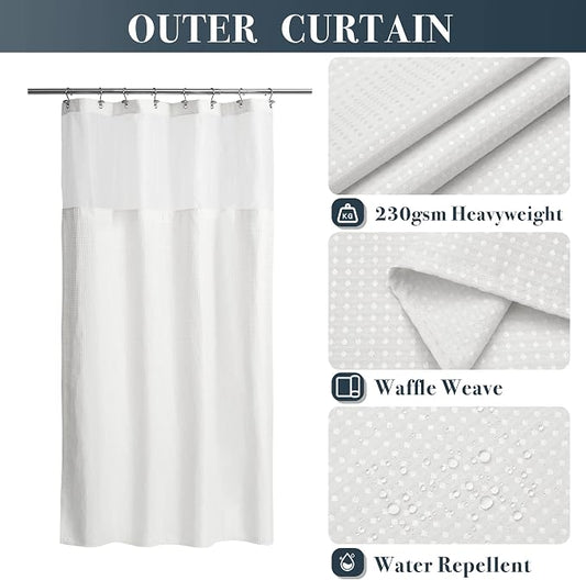 N&Y HOME 48 x 72 Waffle Weave Shower Curtain with Snap-in Liner Set White | 12 Metal Hooks Included, Snap on/off Fabric Liner, Hotel Style & Mesh Top Window, Machine Washable, 48x72 Shower Stall Size