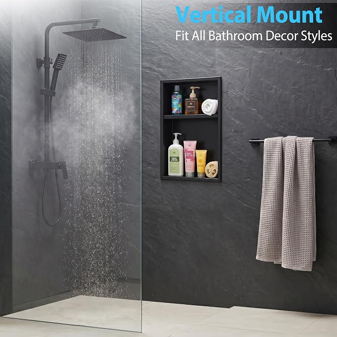 304 Stainless Steel Shower Niche 12” x 18” for Bathroom Storage | Matte Black Recessed Shower Niche No Tile Needed with 2-Tier Shelves for Bathroom Space Saving