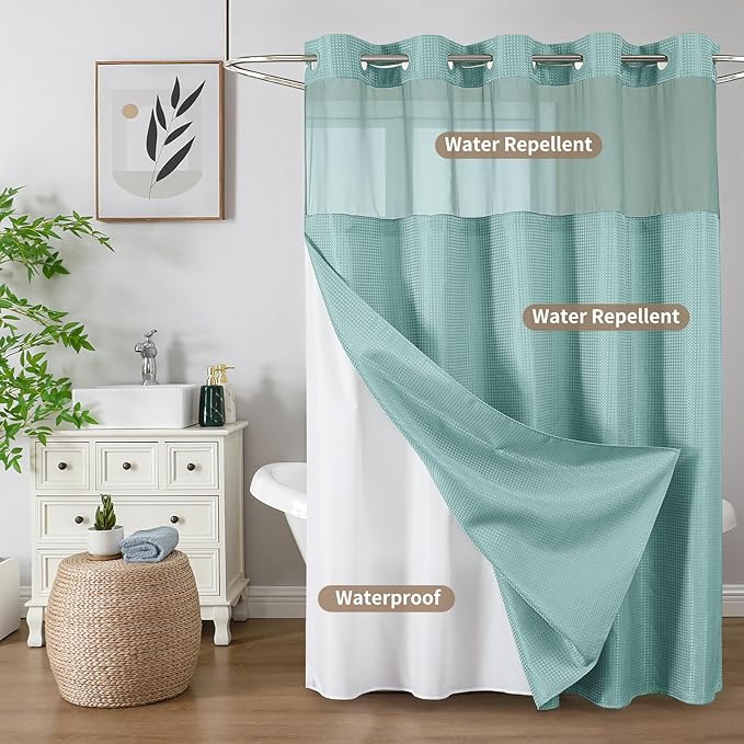 Colorful Star Teal No Hook Waffle Shower Curtain with Liner, 72 x 75 Inch | Snap-In Fabric Liner, Mesh Top Window, Heavy-Duty Waffle Fabric, Waterproof Hotel Style Shower Curtain for Bathroom