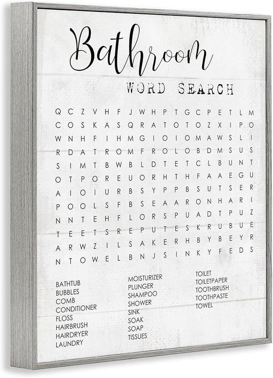 Art Piece 'Bathroom Word Search Family Fun', Framed Giclee Art, Gray, 24 x 30 - Sturdy Block Frame Ready to Hang -Proudly Made In USA (Johnston, RI) - Design By: Lil' Rue