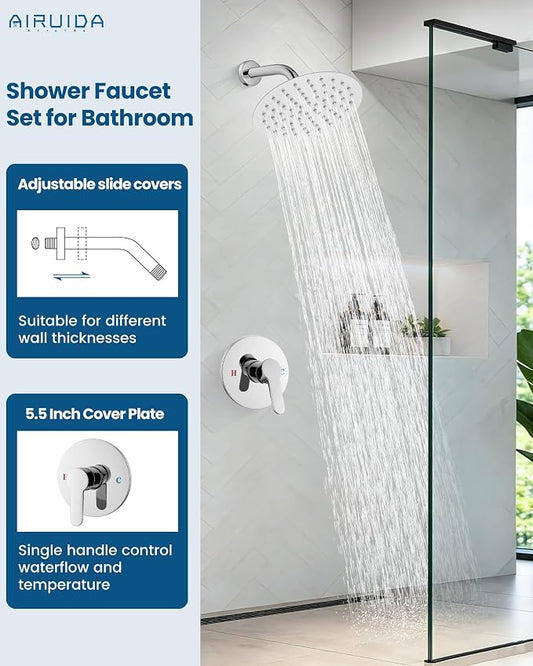 Airuida 8 Inch Chrome Polish Shower Faucet Set,Shower Valve Kit | Female Threads Rough-in Valve Shower Trim Kit,Single Handle Control Shower Set
