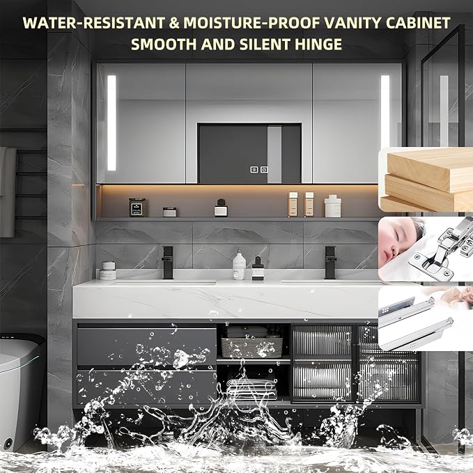60" Double Sink Floating Bathroom Vanity,Bathroom Vanity with Sink Set Includes Open LED Smart Defog Mirror Cabinet, Modern Bath Vanity with Drawers,Wall-Mounted Bathroom Vanities,White