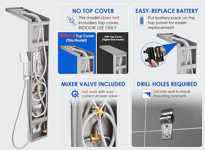 ROVOGO Led Shower Panel Tower System, 2-Setting Lighted Shower Head (Rainfall & Mist Mode), Large Body Jets, Handheld and Tub Spout, 50" Stainless Steel Shower Column with Mixer Valve, Brushed
