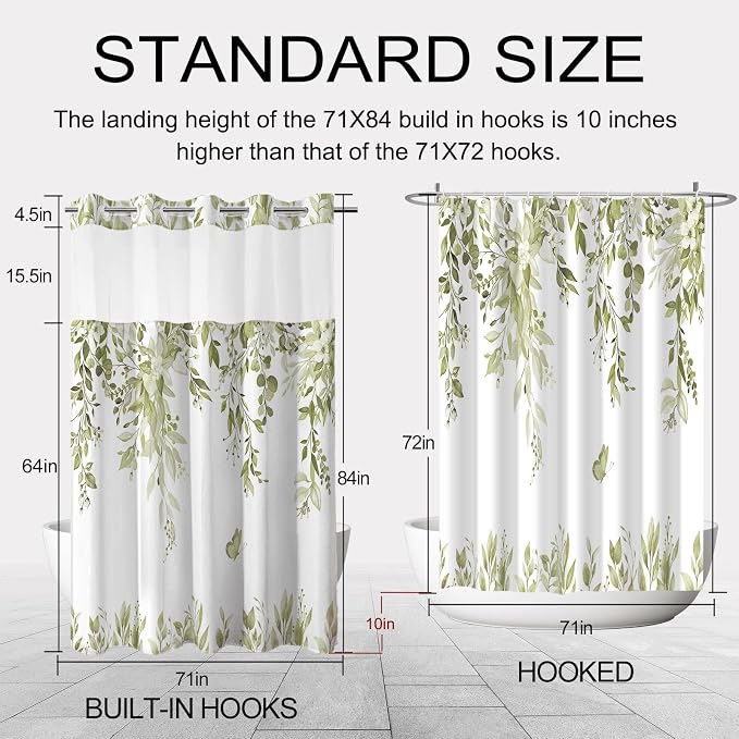 No Hook Shower Curtain and Liner Set, Beige Eucalyptus 71x84 | Floral Design, with Snap in Liner, See-Through Top Window, Waterproof, Machine Washable, Quick-Drying, for Hotel Bathroom