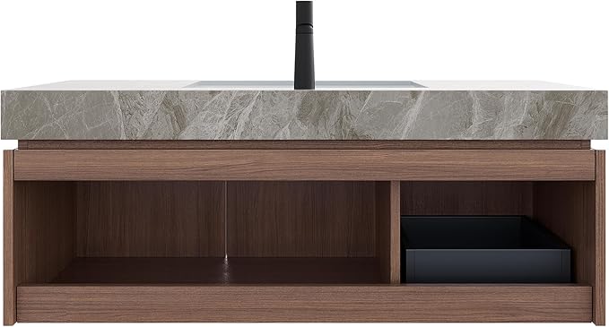 48 Inch Floating Bathroom Vanity with Sink, Modern Wall Mounted Bathroom Storage Vanity Cabinet with Sintered Stone Countertop, Brown Oak