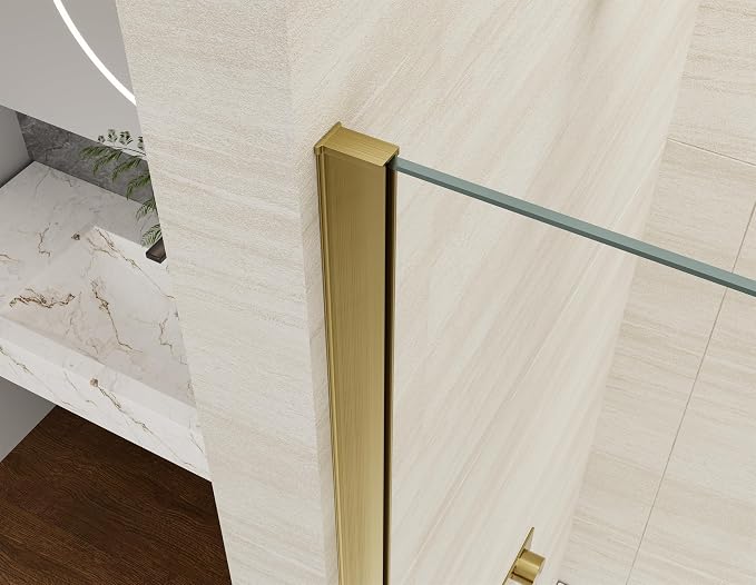 Shower Screen 36" x 76" Shower Wall Panel Brushed Gold | Tempered Glass 3/8 inch, Half Frameless Shower Wall Panel, Easy to clean Coating, Fixed Glass Shower Door With Hardware