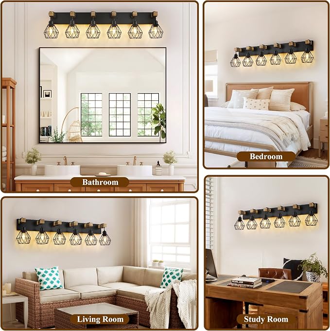 maesta 6 Light Bathroom Vanity Light, Farmhouse Black Fixture Over Mirror | Farmhouse Bathroom Light Fixtures, Wood & Metal, Anti-Rust, Easy to Install for Rustic Bathroom Hallway