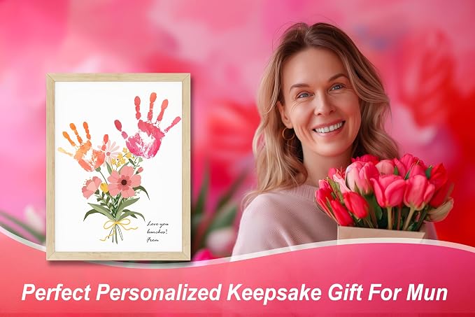 TwoDays Flower Bouquet Handprint Art Craft DIY Kit, Unique Gifts for Mom From Daughter or Son for Mother's Day Birthday Christmas, Gift for Grandma.(12" X 16", With Wood Frame)