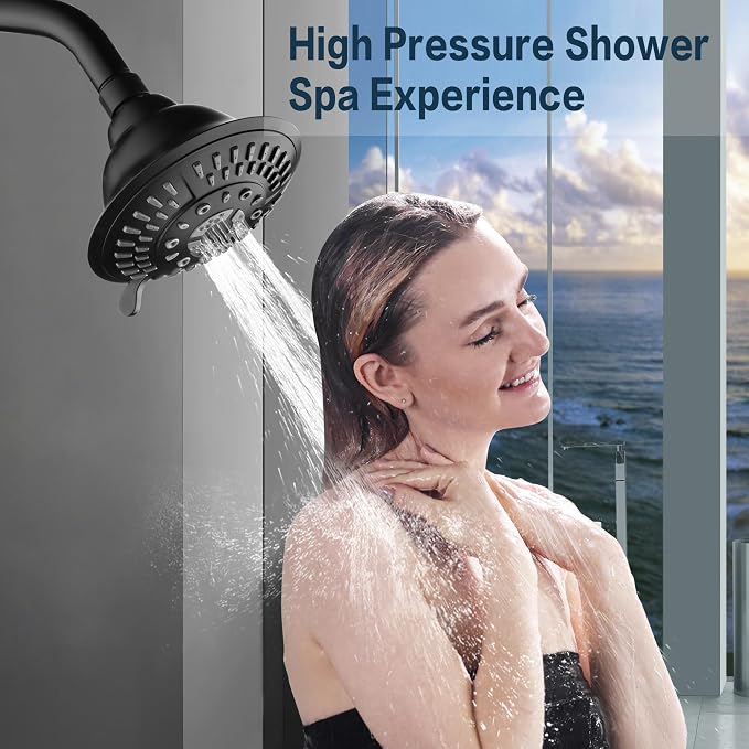 BRIGHT SHOWERS High Pressure Rain Shower Head, Fixed Shower Head with 5 Spray Settings, Adjustable Angle and Anti-Clog Nozzles, Matte Black