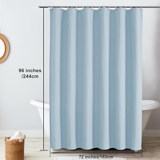 Extra Long Shower Curtain Set- 96 Inch Long Waffle Weave Heavy Duty Fabric Shower Curtains for Bathroom, Luxury Heavy Duty Thick Cloth Shower Curtain with 12 Plastic Hooks, 72Wx96L, Glacier Blue