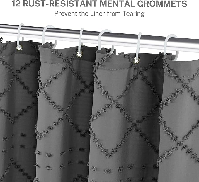 Boho Grey Shower Curtain Woven Fabric Shower Curtain 72 x 72 Tufted Chevron Striped Shabby Chic Textured, Modern Farmhouse Minimalist, Water Resistant Curtain Set for Bathroom, Hotel Decor