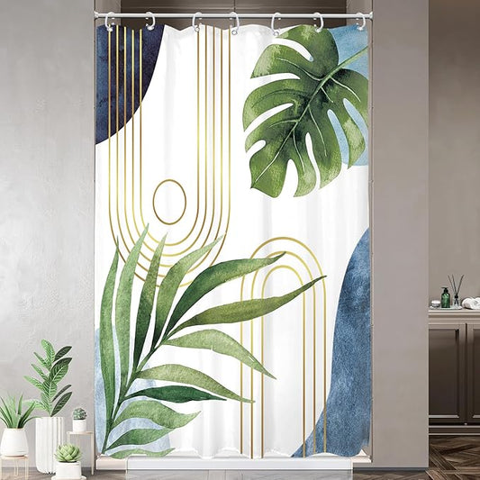 Glawry Narrow Boho Blue Green Shower Curtain Mid Century Modern Abstract Tropical Palm Leaf Botanical Minimalist Bathroom Geometric 48Wx72L Inches Bath Accessories Art Home Decor Fabric 7 Pack Hook