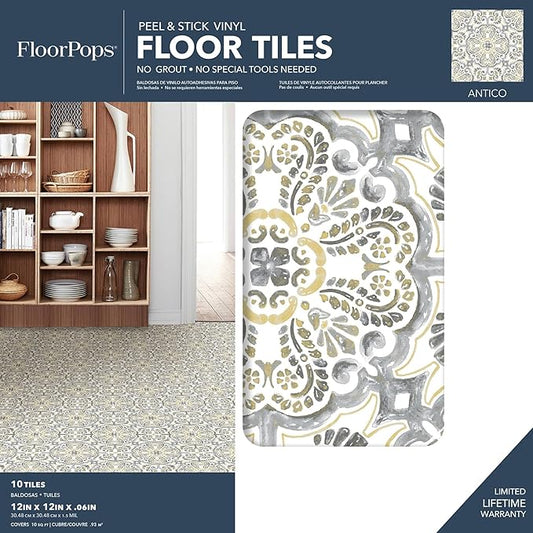 FloorPops FP2947 Antico Peel & Stick Floor Tiles, Multicolor (Pack of 6)