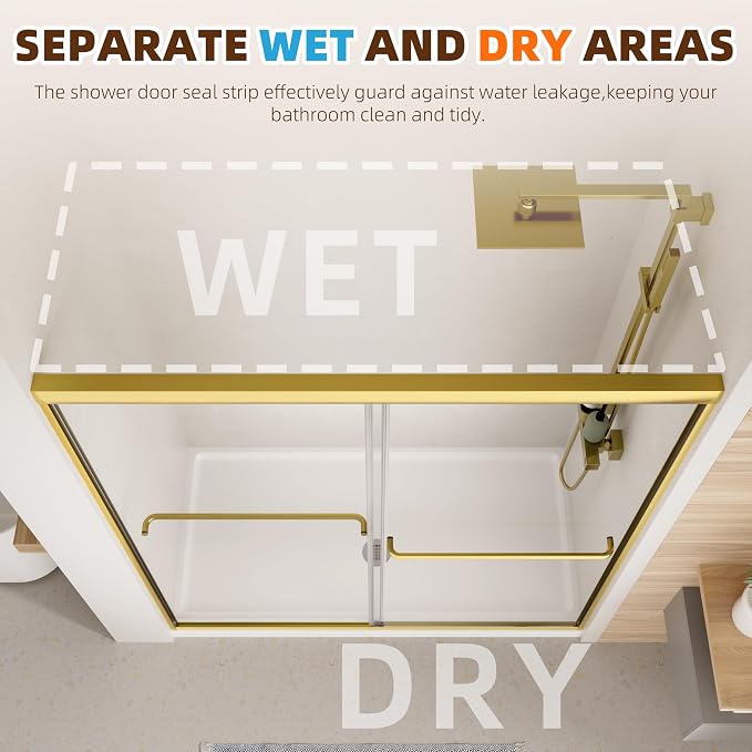 Royal Guard Double Sliding Shower Door,44-48" W x 70" H,Brush Gold | Shower Doors with 6mm Clear SGCC Tempered Glass,Bypass Shower Enclosure,Nano Coating Easy Clean&Waterproof&Adjustable Width