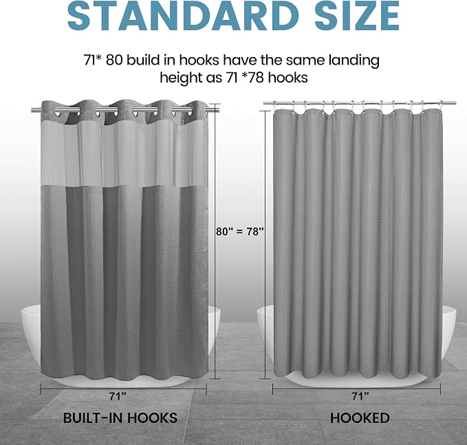 EUTXL Heavyweight No Hook Shower Curtain with Liner, Grey,71x80 | Snap in Liner, 256GSM Thick Waffle Fabric, Hotel Luxury Spa, Corner Magnets, Quick Dry, Waterproof & Washable, Long Size