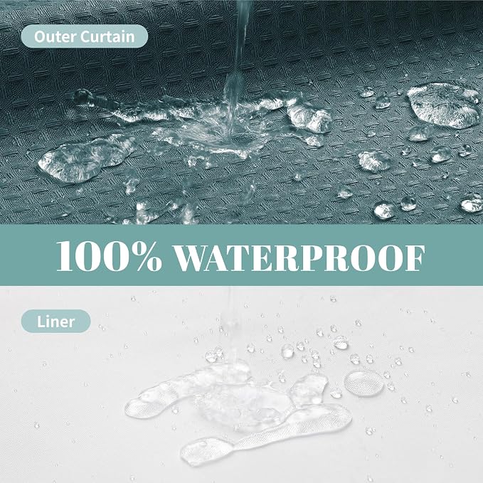 eachope SeawedGreen No Hook Waffle Weave Shower Curtain with snap-in Liner Replacement, 230GSM Waterproof Fabric Hotel Shower Curtain Set for Bathroom, Through Mesh Top Window,54Wx80H | 230GSM waffle weave fabric, waterproof liner set with 2 bottom mag...
