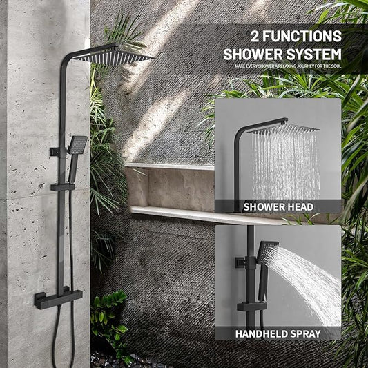 BWE Black Exposed Shower System, 10-Inch Rain Head & Handheld, Brass | 10-Inch Rain Shower Head, Handheld Sprayer, Dual-Function Diverter, Solid Brass, Matte Black, Wall Mount, DIY Install