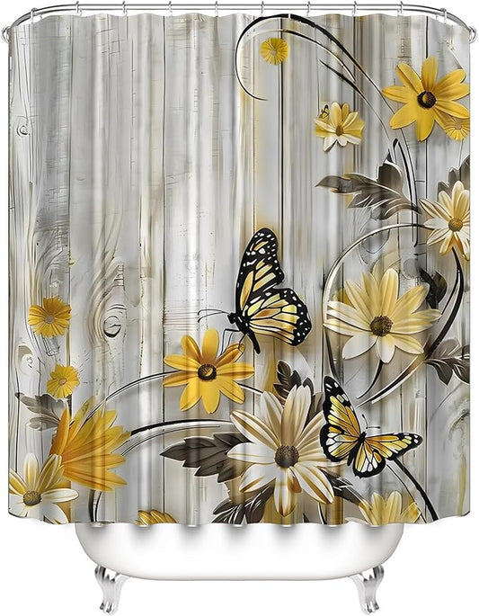 AZHM Yellow Daisy Floral Shower Curtain Set Butterfly Farmhouse Country for Bathroom Decor Set with Rugs Toilet Lid Cover and Bath Mat
