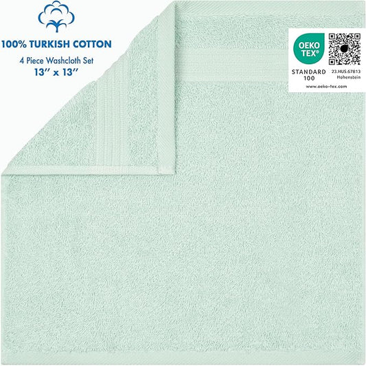 Cotton Paradise 100% Cotton Turkish Washcloth Set for Bathroom, 4 Piece Soft Absorbent Small Towels Wash Rags, Mint