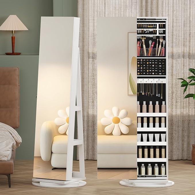 LVSOMT Standing Jewelry Cabinet with Sliding Full Length Mirror, White | 360° Swivel Mirror with Jewelry Storage, Lockable Jewelry Armoire Organizer with 3 Rear Shelves for Bedroom, Gift for Women