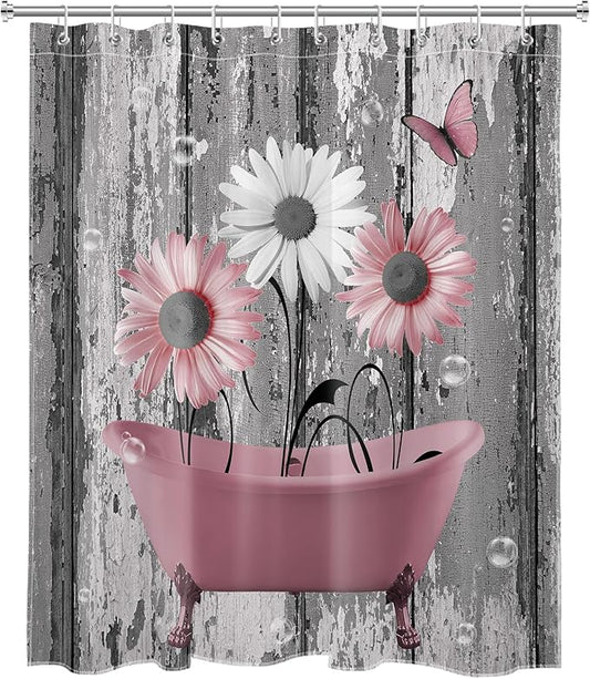 HVEST Farmhouse Pink Floral Small Shower Curtain for Bathroom Decor, Pink and Grey Daisy Butterfly on Rustic Wood Long Shower Curtain Nature Plant Flower Shower Curtain with Hooks, 48W X 72L inches