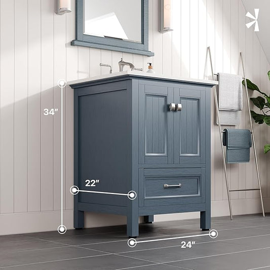 Eviva Britney 24 in. Ash Blue Single Sink Bath Vanity with Carrara Quartz Top and Undermount Porcelain Sink