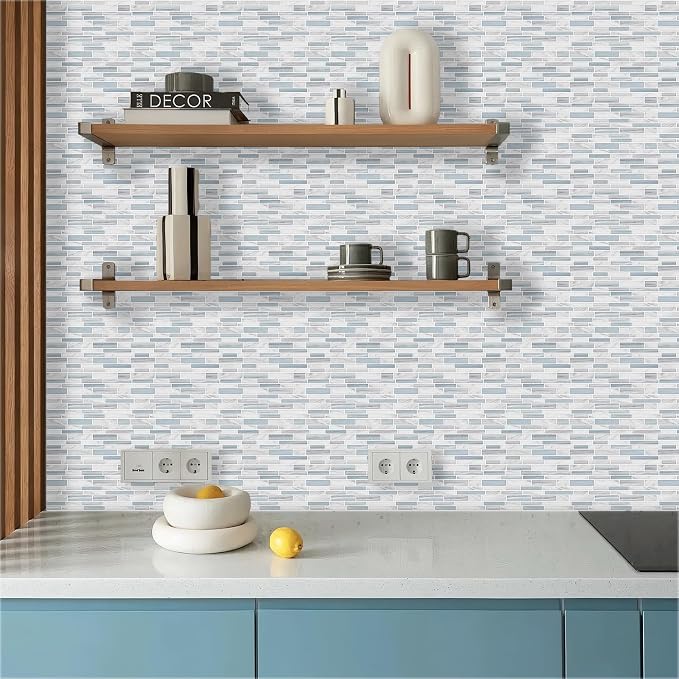 Tilingview 10PCS Peel and Stick Tile for Kitchen Backsplash, Strips Design Self-Adhesive Vinyl Tile, Plastic Wall Sticker (Blue White)