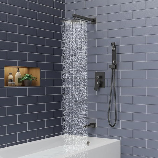 SR SUN RISE 8 Inches All Metal Bathtub and Shower Faucet Combo Shower System with Tub Spout, Shower Tub Faucets Sets Complete Shower Head with Handheld Shower Fixtures, Valve Included, Matte Black
