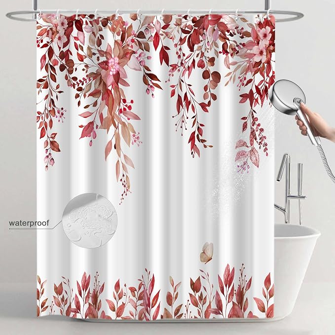 Red Floral Eucalyptus Shower Curtain with Hooks, 72x72 Inch | Waterproof Fabric, Watercolor Leaves and Floral, Botanical Style, Machine Washable, Quick-Drying, for Hotel Bathroom