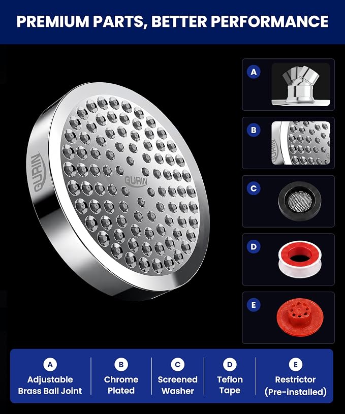 Shower Head - Premium Polished Chrome Finish - Rain Showerhead 6 Inch | High Pressure Shower Heads with Adjustable Angles, 90 Anti-Clog Nozzles, Tool-Free 1-Min Install