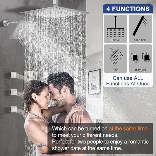 Thermostatic Shower System Dual Shower Heads with 16" Ceiling Mounted Rain Shower Head & 6" Wall Mounted Head 4 Function Shower System with body jets Can All Run Together, Brushed Nickel