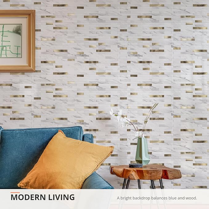 StyloVue 20 Sheets Peel and Stick Backsplash for Kitchen, Sparkle White Marble Look with Gold Metal, Glossy Finish, Stick on Tile for Kitchen Backsplash, RV, Fireplace