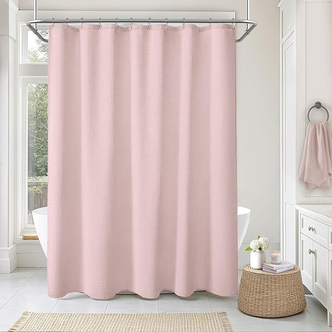 Waffle Weave Shower Curtain - Blush Pink Cotton Fabric Texture Heavyweight Shower Curtains for Bathroom,Washable,72Wx72L
