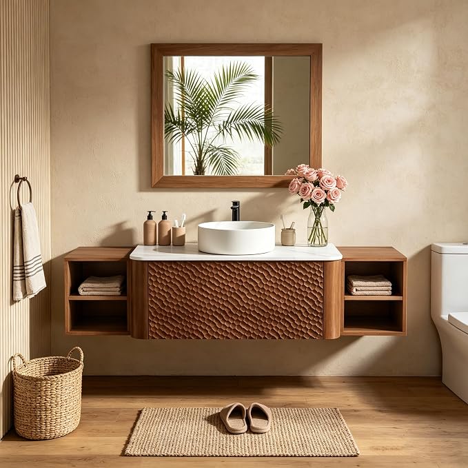 60 Inch Modern Bathroom Vanity with Ceramic Sink, Floating Bathroom Sink Cabinet with Sintered Stone Top&Solid Wood Hammered Frame, Single Bathroom Vanities w/Soft-Close Drawer&2 Side Open Cube