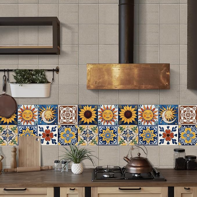 6X6 in Tile Decals Stick on Backsplash for Kitchen Wall,24Pcs | 1.6mm-Thick FOAM+PE Tile Stickers,Sun/Moon Pattern Mexican Tiles for Bathroom,Cabinets,RVs