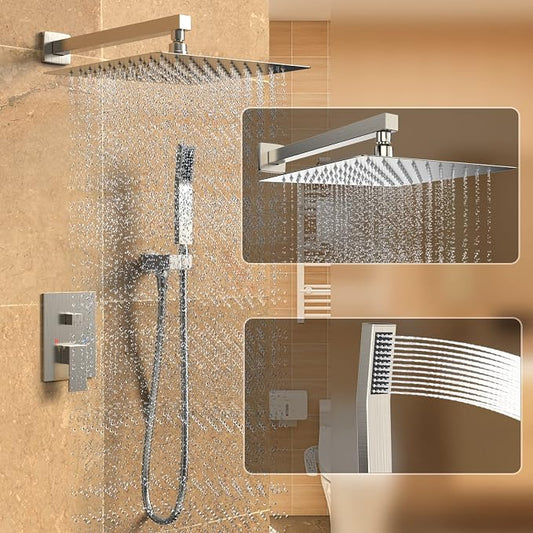 Brushed Nickel Rain Shower System Faucet Set with Handheld, 10 inch | Solid Metal Wall Mount Rainfall Shower Set with Safe Anti-Scald Valve, Air Injection High Pressure Water Saving Combo