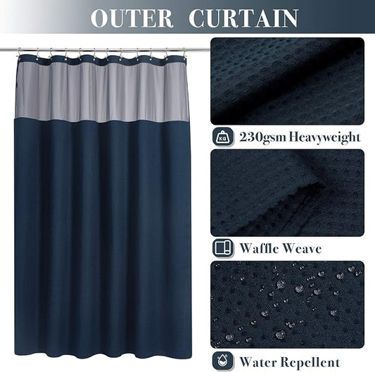 N&Y HOME Waffle Weave Shower Curtain with Snap-in Liner Set Navy, 71x72 | 12 Metal Hooks Included, Snap on Fabric Liner, Mesh Window, Washable, Hotel Style Navy Blue Shower Curtain Set for Bathroom