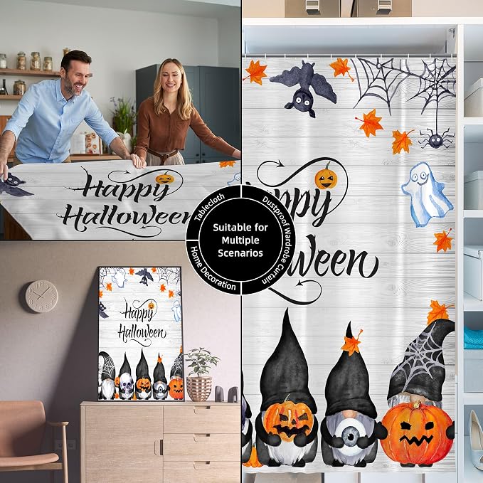 Halloween Cute Funny Gnomes Spooky Pumpkin Shower Curtain for Bathroom 72W*72H Inch Farmhouse Rustic Horror Bathtub Skull Ghost Maples Bat Decor Waterproof Polyester Fabric Set with 12 Hooks