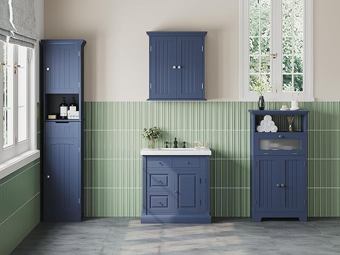 ChooChoo Bathroom Cabinet with Flip Glass Drawer,Freestanding | Adjustable Shelf & 1 Open Storage, Living Room, Hallway, Navy Blue