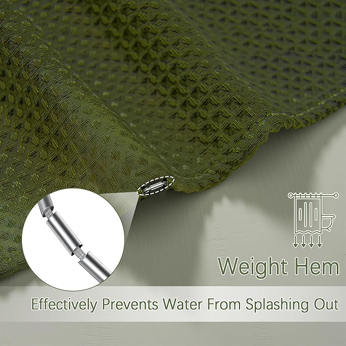 Dark Green Shower Curtain with Waffle Weave Fabric Shower Curtain Waffle Textured Heavy Duty, Hotel Quality Bathroom, 72 x 72 Inches