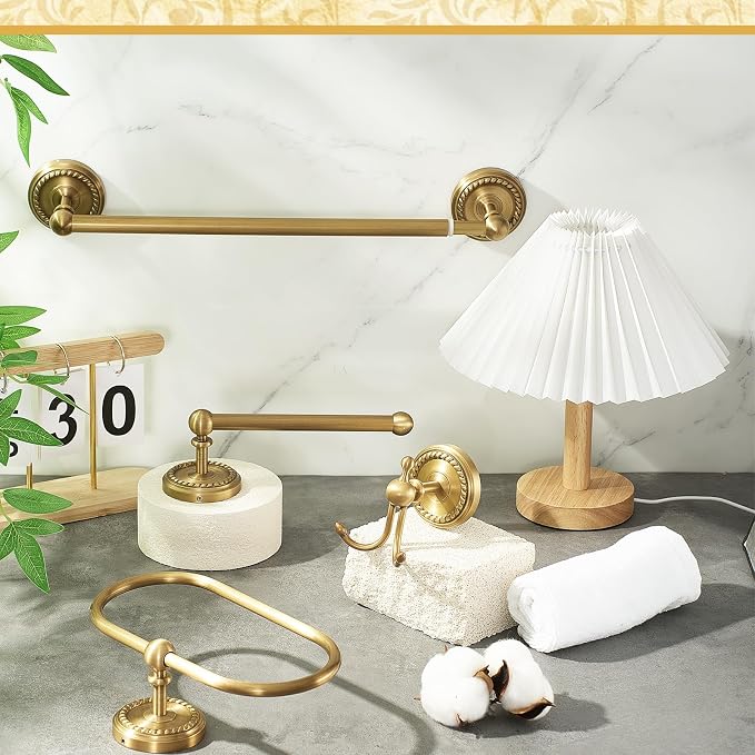 4 Pcs Antique Brass Gold Bathroom Accessories Set Wall-Mounted Towel Rack & Towel Ring & Toilet Paper Holder & Robe Hook, Wall Mounted Brass Vintage Bath Hardware Fixture Set(Style 1)