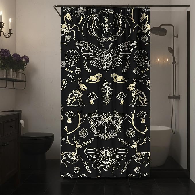 Halloween Black Gold Skeleton Moth Stall Shower Curtain Set 36x72 Inches | Black Gold Skeleton Moth Halloween Print, Witchy Gothic Decor, Ideal for Stall & Guest Bathroom, Great Housewarming Gift
