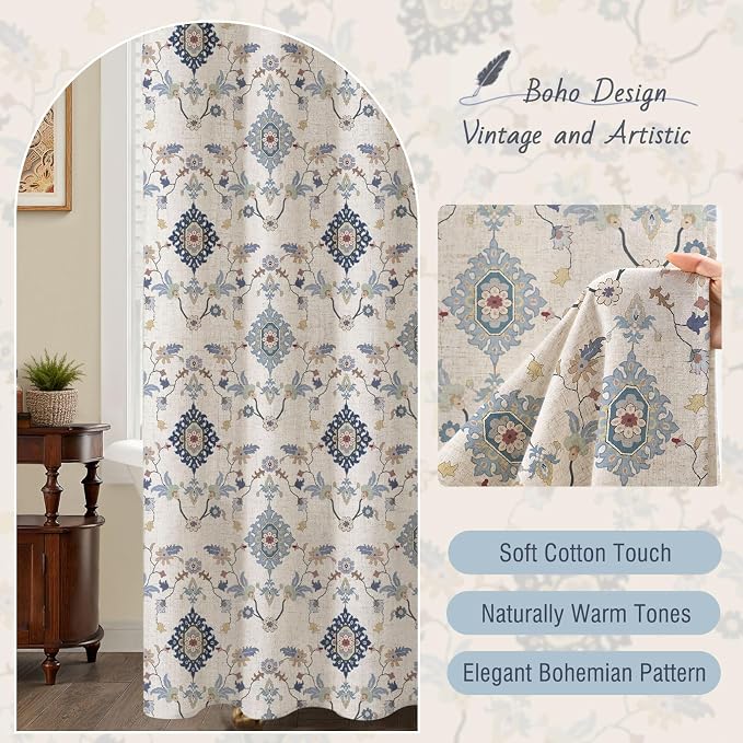 Boho Floral Shower Curtain, Vintage Cottage Core Shower Curtains for Bathroom, 72Wx72H Inch