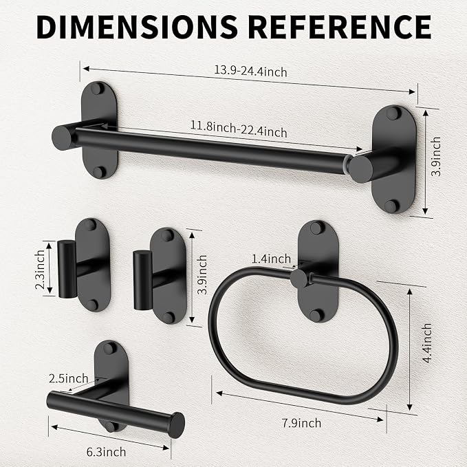 5-Piece Bathroom Hardware Set, Adhesive or Drill Wall Mount, Black | Adjustable Towel Bar, Toilet Paper Holder, Towel Ring, 2 Towel Hook, 304 Stainless Steel Bathroom Accessories Set