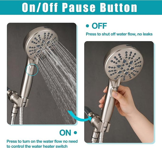 GwernKB Handheld Shower Head with ON OFF Switch & 79in Stainless Steel Hose | Built-in Power Spray,7-mode High Pressure Spray with Bracket & Extra No Drilling Shower Holder for Lower Mount,Brushed Nickel