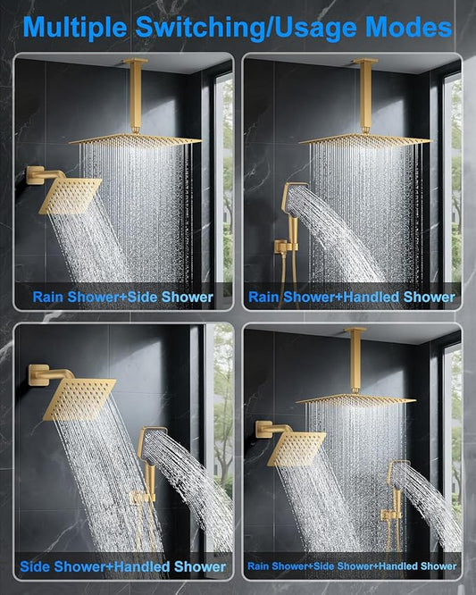 Shower System with Pressure Balance Valve, 12" Ceiling Mount Shower Faucet Set with 2 Rain Shower Head And Multi-function Handheld Head Push Button Diverter Pressure Balancing Valve Kit, Brushed Gold