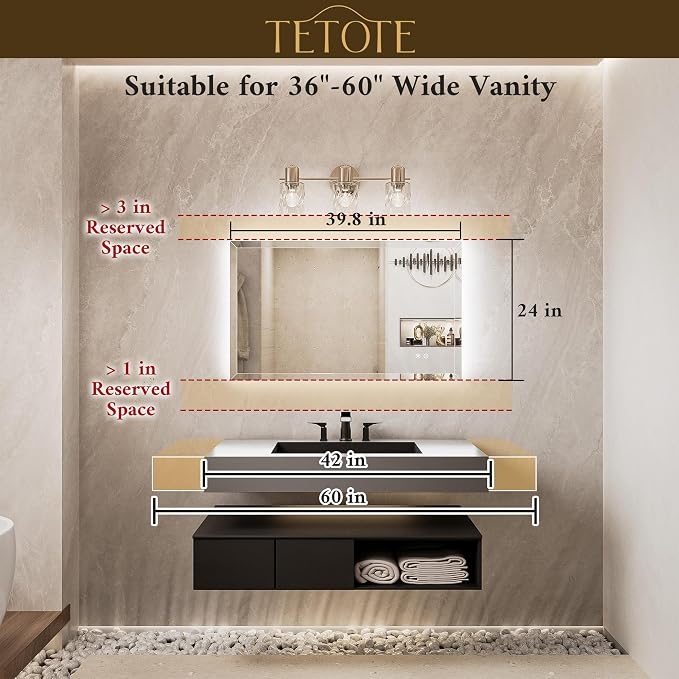 Backlit Bathroom Mirror 40 x 24, Frameless LED Mirror for Bathroom, Tempered Glass, 3 Colors Lights, Defogging, Adjustable Brightness, Memory Function, Light Up Bathroom Mirrors for Over Sink