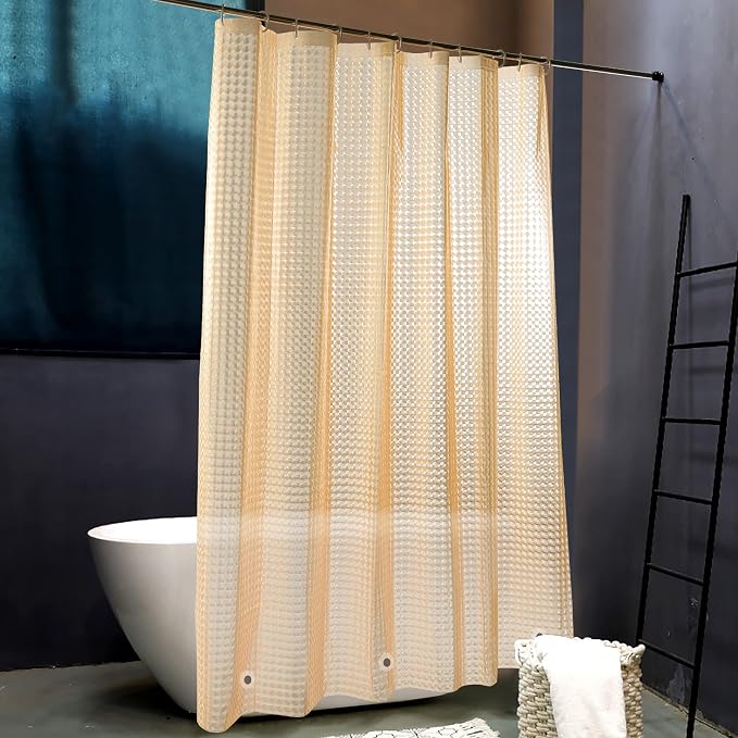 NTBAY EVA Shower Curtain Liner, 72 x 72, 6 Gauge, Semi Clear Yellow Check | Water-repellent EVA Liner with 3 Bottom Magnets, 12 Reinforced Grommets, and 12 Plastic Hooks